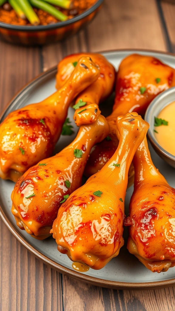 Golden-brown baked chicken drumsticks garnished with parsley on a rustic table.